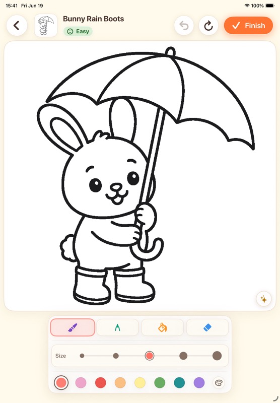 Tappy Paint editor with a bunny coloring page and drawing tools