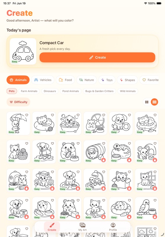 Tappy Paint library showing Today's page and coloring choices